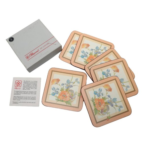 Vintage Pimpernel Acrylic Cork Coasters Peach Pastel Floral Made in England x 6 - Picture 1 of 10